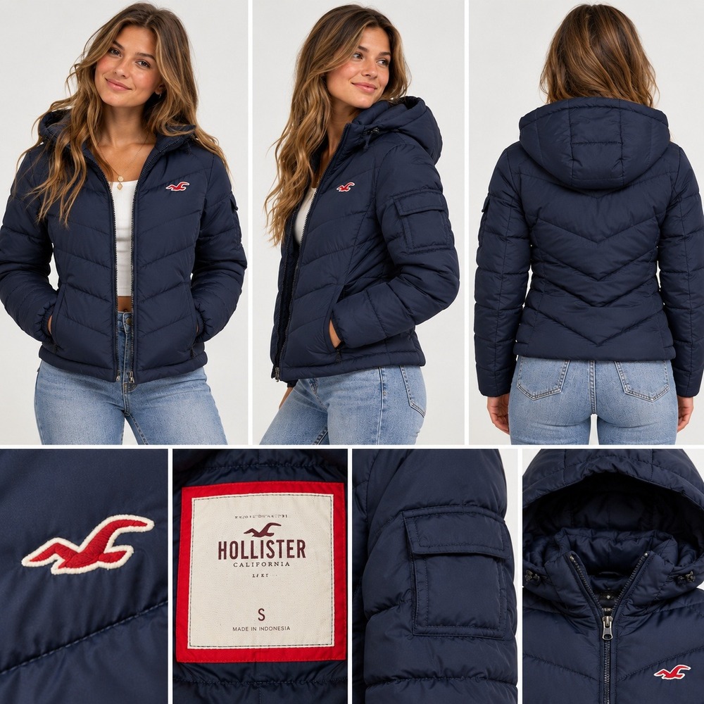 Hollister Puffer Jacket Womens Size S Navy Blue Hooded Quilted Down Fill Coat
